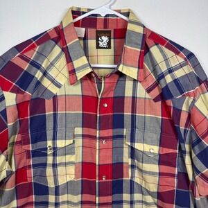 Vintage Karman Western Pearl Snap Shirt Mens‎ XL Plaid Red Blue Yellow USA Made